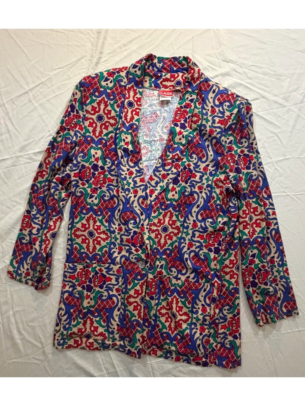 Vintage Claude Blazer Womens 12 Paisley Floral Rayon Linen Jacket Made USA